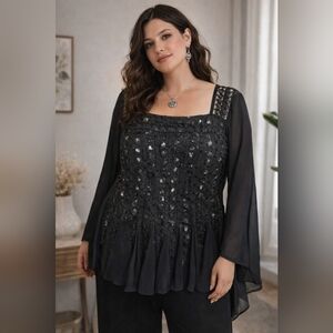Pyramid Collection Gothic Beaded Tunic Blouse  3X Black Renaissance Witchy Fairy